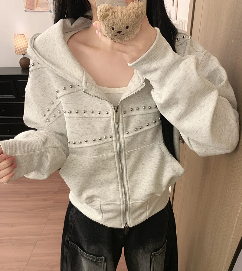 American Vintage Hoodies Women Autumn Loose Distressed Rivet Streetwear Sweatshirts Fashion Casual Long Sleeve All Match Outwear