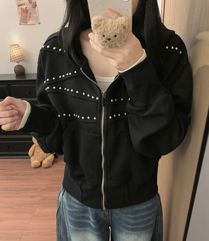 American Vintage Hoodies Women Autumn Loose Distressed Rivet Streetwear Sweatshirts Fashion Casual Long Sleeve All Match Outwear