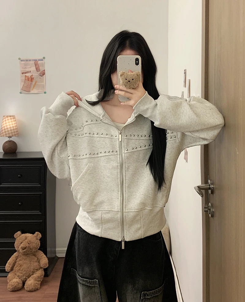American Vintage Hoodies Women Autumn Loose Distressed Rivet Streetwear Sweatshirts Fashion Casual Long Sleeve All Match Outwear
