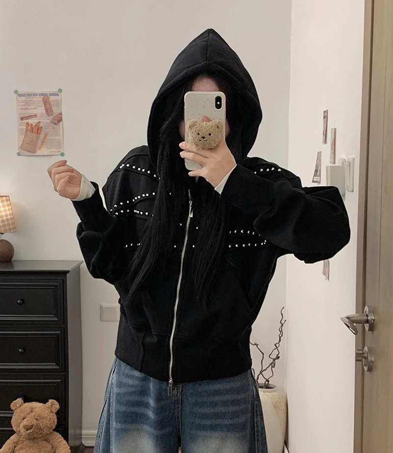 American Vintage Hoodies Women Autumn Loose Distressed Rivet Streetwear Sweatshirts Fashion Casual Long Sleeve All Match Outwear