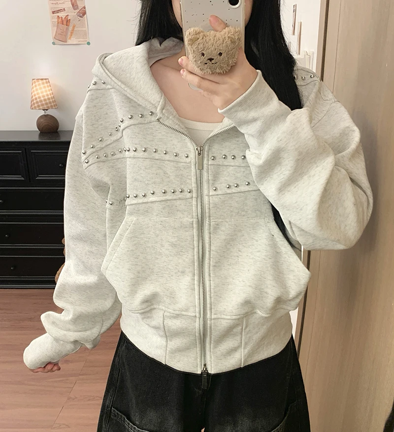 American Vintage Hoodies Women Autumn Loose Distressed Rivet Streetwear Sweatshirts Fashion Casual Long Sleeve All Match Outwear