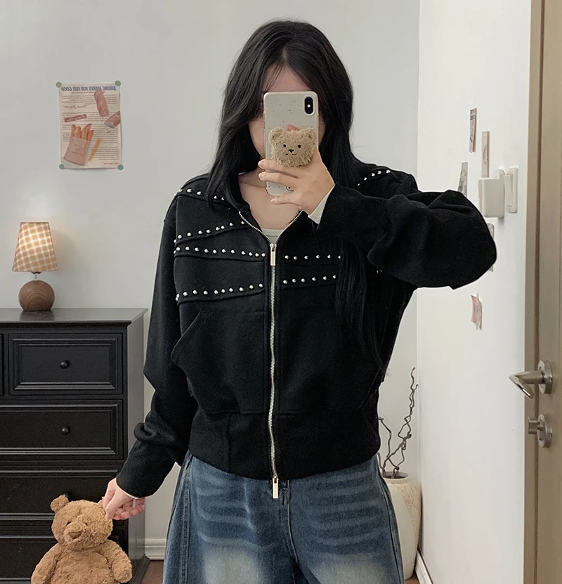American Vintage Hoodies Women Autumn Loose Distressed Rivet Streetwear Sweatshirts Fashion Casual Long Sleeve All Match Outwear