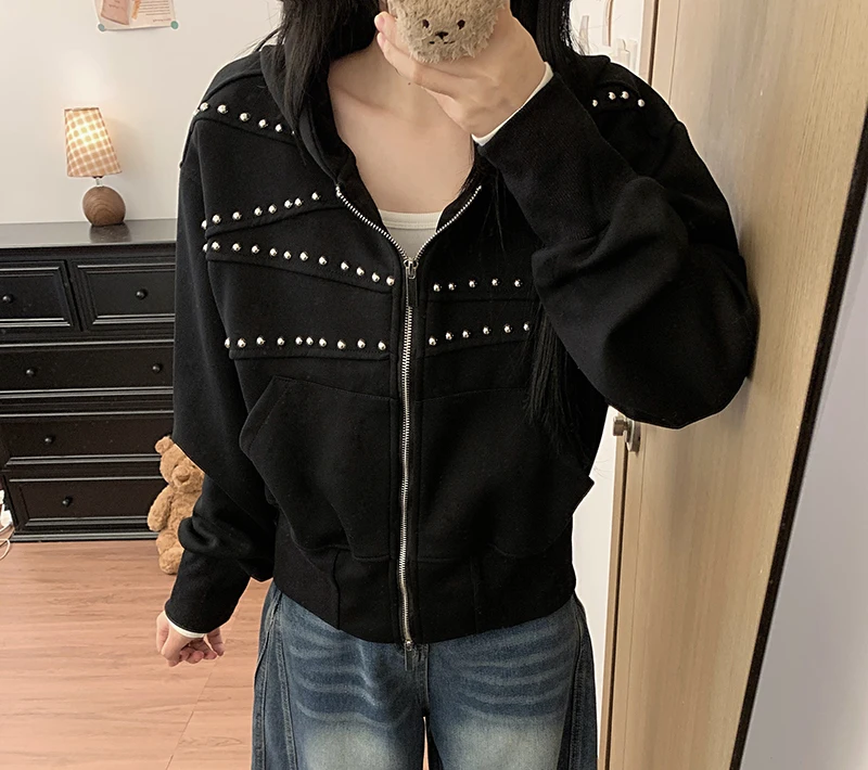 American Vintage Hoodies Women Autumn Loose Distressed Rivet Streetwear Sweatshirts Fashion Casual Long Sleeve All Match Outwear