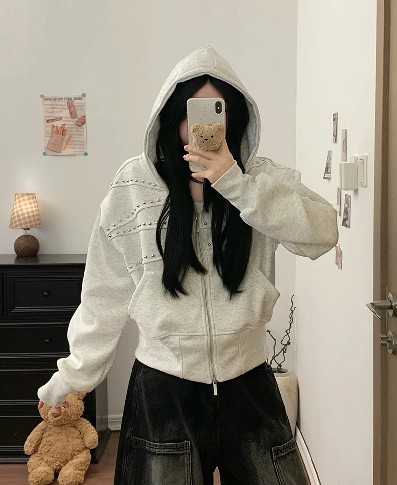 American Vintage Hoodies Women Autumn Loose Distressed Rivet Streetwear Sweatshirts Fashion Casual Long Sleeve All Match Outwear