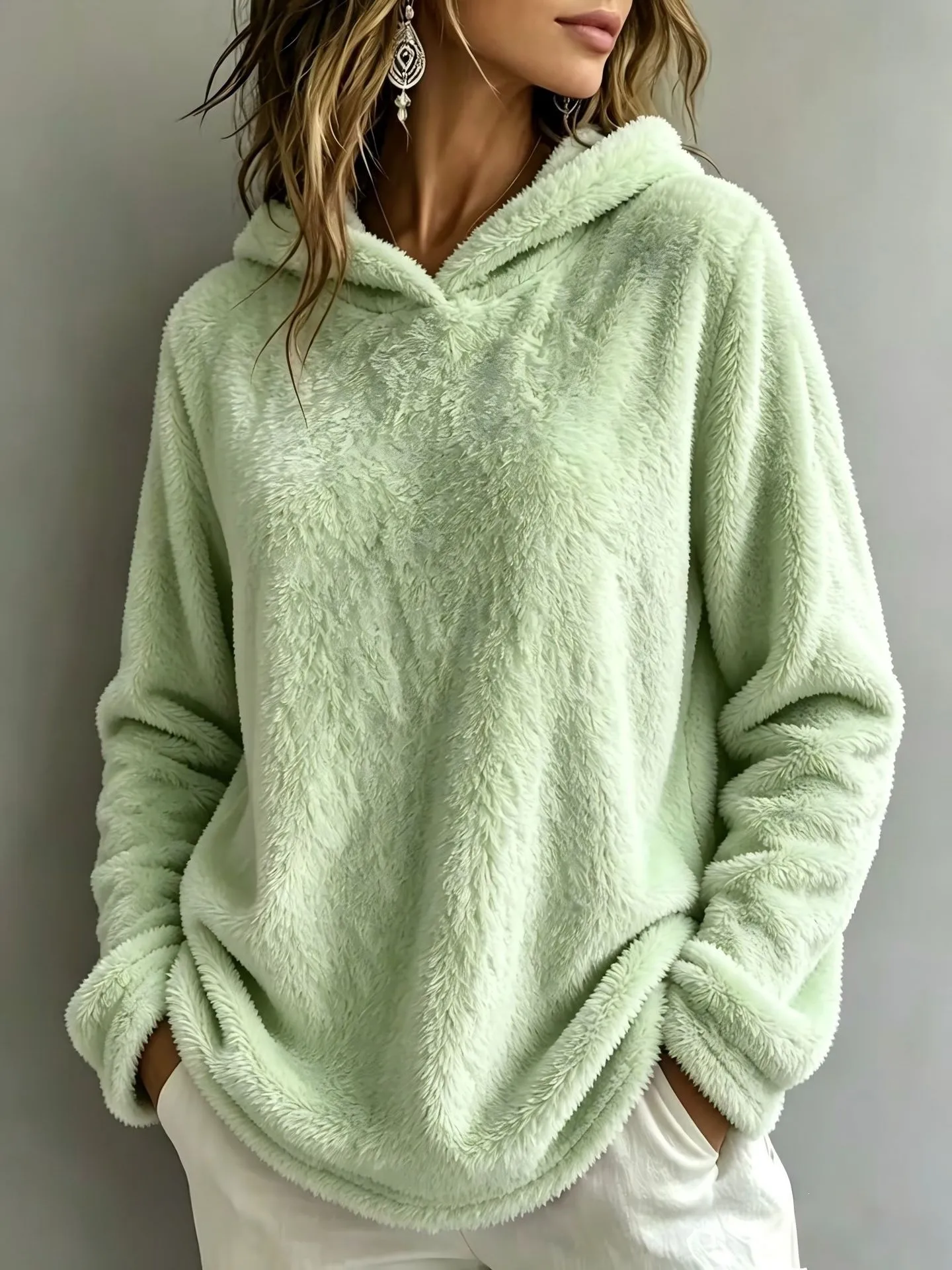 Women's Thick Fleece Brushed Loose Fit Collarless Long Sleeve Solid Color Hoodie Women's Winter Clothing Sweat-shirt Women's And