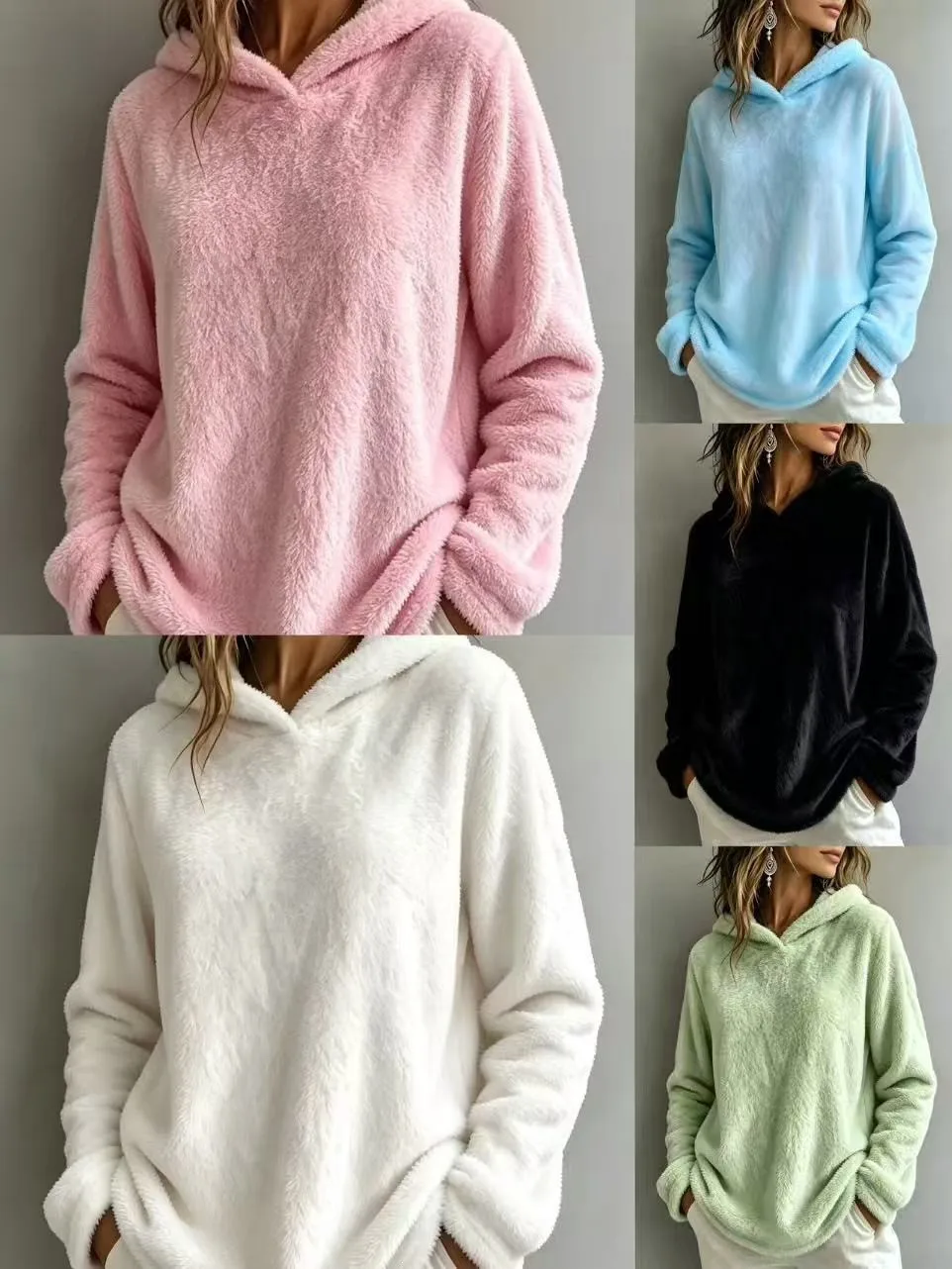 Women's Thick Fleece Brushed Loose Fit Collarless Long Sleeve Solid Color Hoodie Women's Winter Clothing Sweat-shirt Women's And