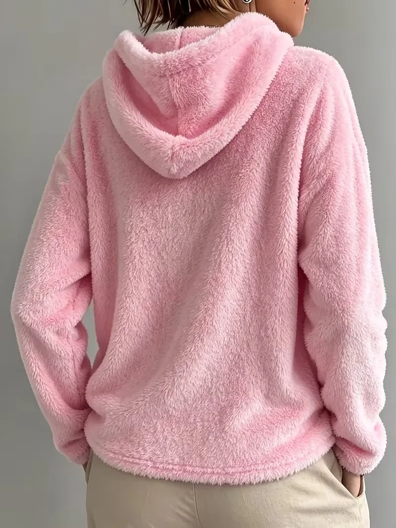 Women's Thick Fleece Brushed Loose Fit Collarless Long Sleeve Solid Color Hoodie Women's Winter Clothing Sweat-shirt Women's And