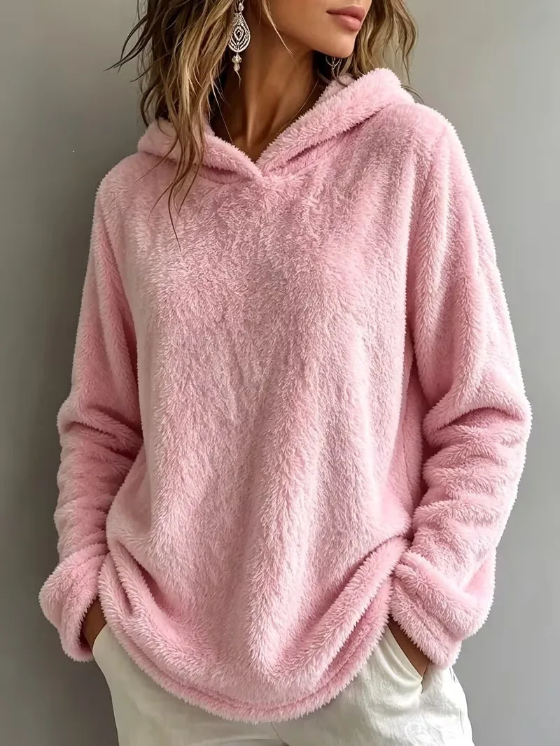 Women's Thick Fleece Brushed Loose Fit Collarless Long Sleeve Solid Color Hoodie Women's Winter Clothing Sweat-shirt Women's And
