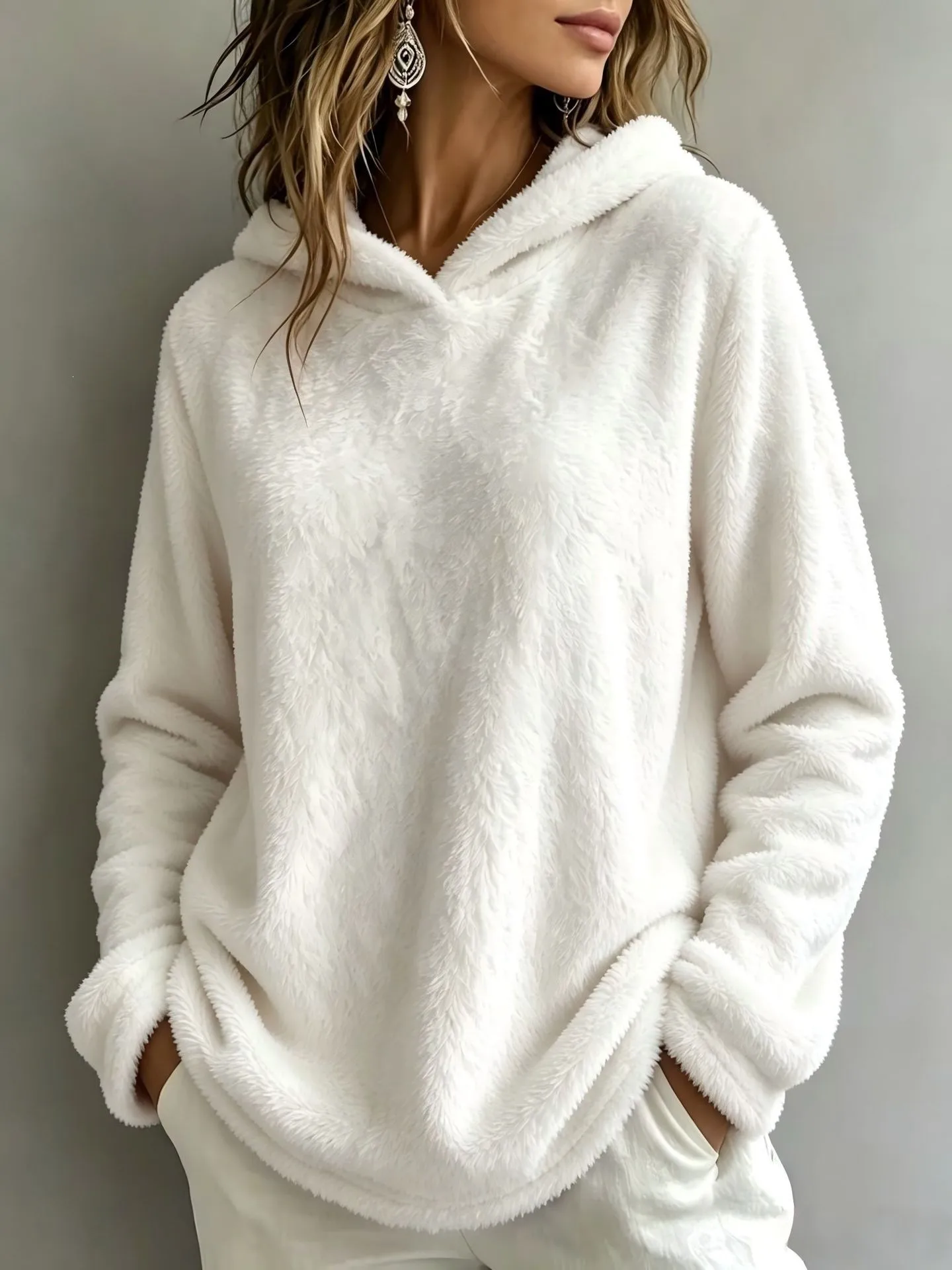 Women's Thick Fleece Brushed Loose Fit Collarless Long Sleeve Solid Color Hoodie Women's Winter Clothing Sweat-shirt Women's And