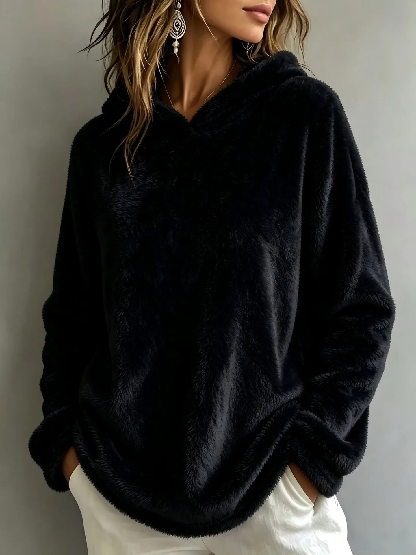 Women's Thick Fleece Brushed Loose Fit Collarless Long Sleeve Solid Color Hoodie Women's Winter Clothing Sweat-shirt Women's And