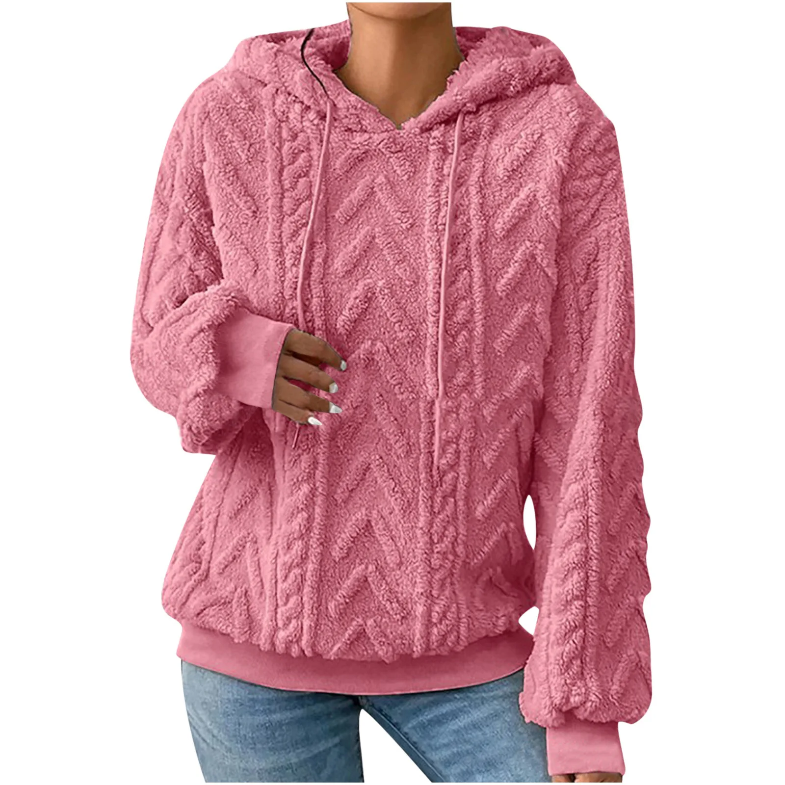 Autumn Warm Fleece Hooded Sweatshirts Casual Female Hoody Long Sleeve Soft Fluffy Pullover Coats Outwear FYY-1024