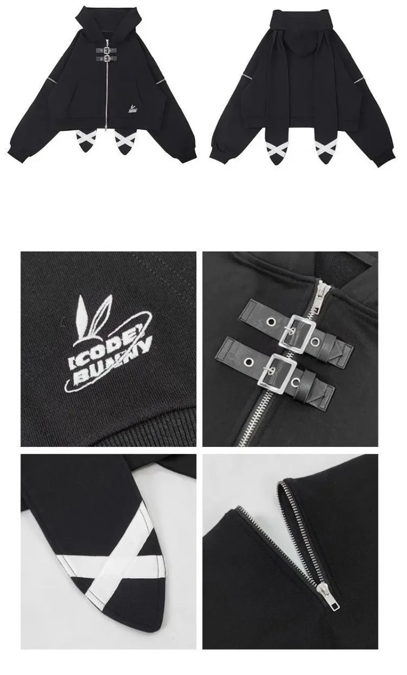 2026 Chic Fashion Women Casual Loose Rabbit Ear Hoodies Coats Kawaii Vintage Casual Zipper Jackets Tops Mujer Autumn Streetwear