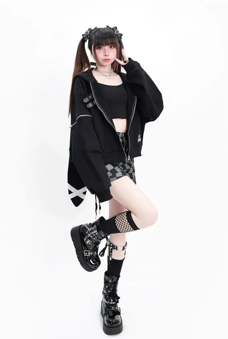 2026 Chic Fashion Women Casual Loose Rabbit Ear Hoodies Coats Kawaii Vintage Casual Zipper Jackets Tops Mujer Autumn Streetwear