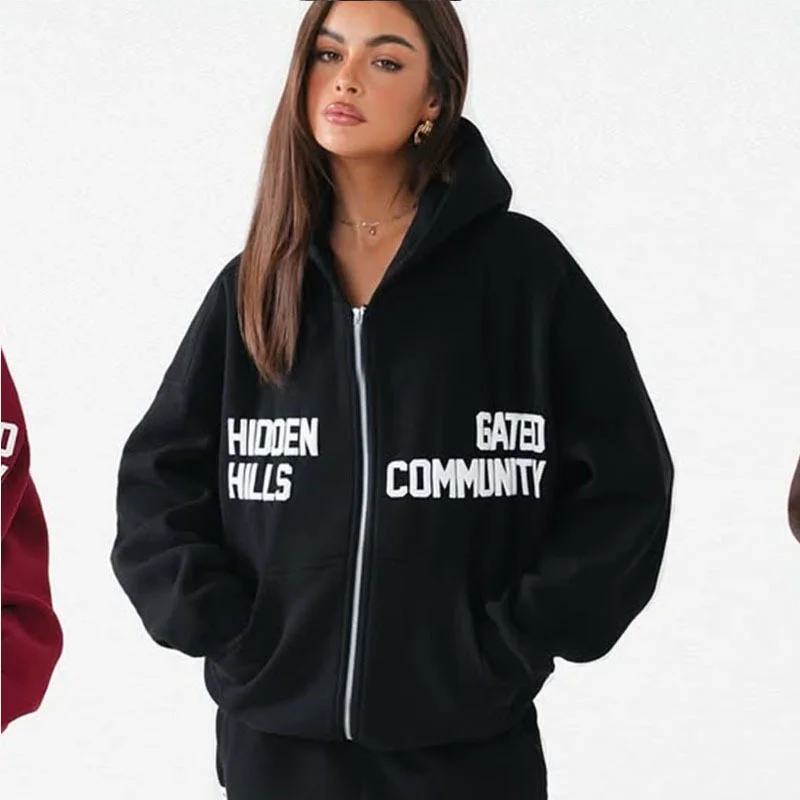 Split Letter Print Zip Up Hoodie For Women Oversized Drawstring Pocket Streetwear Sweat Hoodie