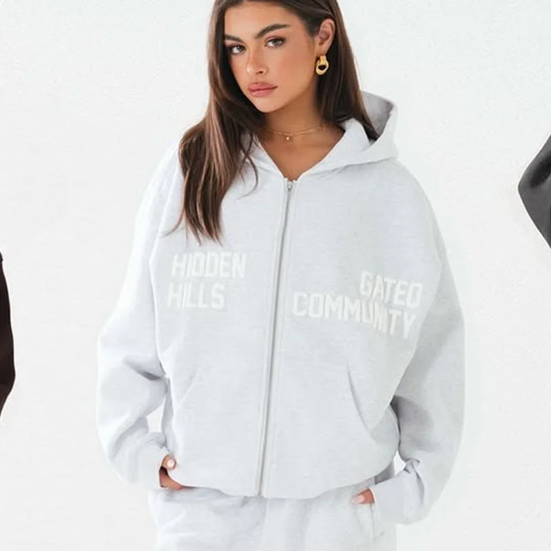Split Letter Print Zip Up Hoodie For Women Oversized Drawstring Pocket Streetwear Sweat Hoodie
