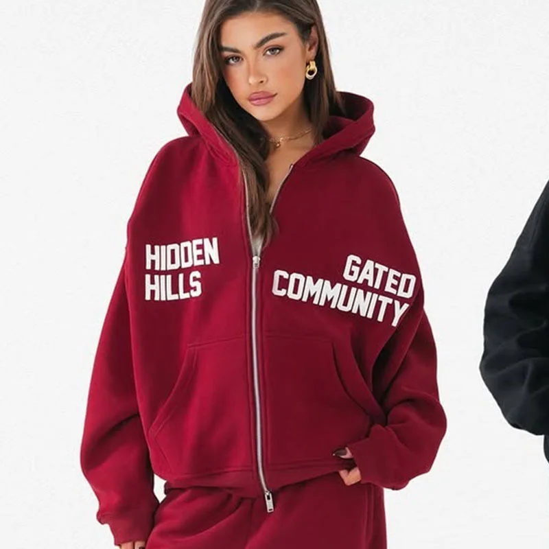 Split Letter Print Zip Up Hoodie For Women Oversized Drawstring Pocket Streetwear Sweat Hoodie