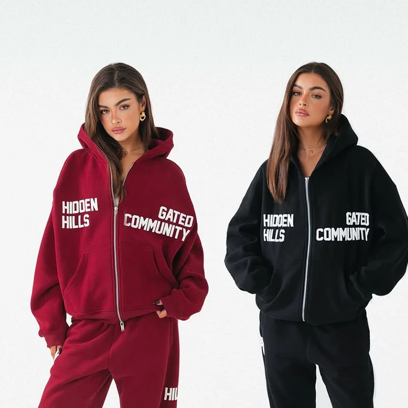 Split Letter Print Zip Up Hoodie For Women Oversized Drawstring Pocket Streetwear Sweat Hoodie