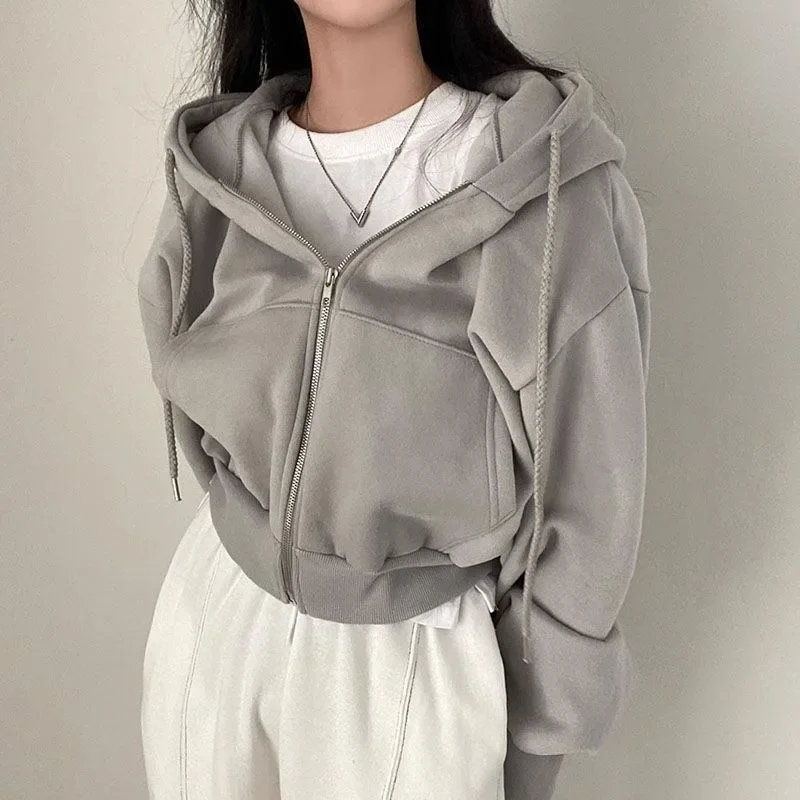 Zippered Long Sleeved Hooded Sweatshirt Loose Casual Simple Trendy Versatile Solid Color Fashionable Lazy Jacket Wholesale