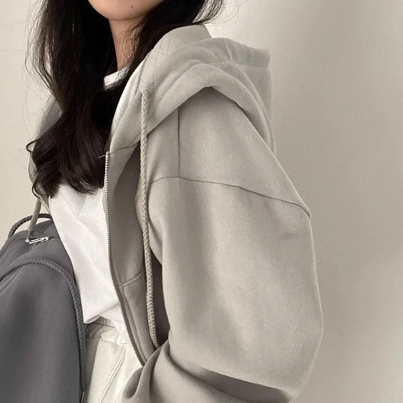 Zippered Long Sleeved Hooded Sweatshirt Loose Casual Simple Trendy Versatile Solid Color Fashionable Lazy Jacket Wholesale