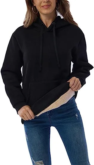 Women Fleece Lined Hoodie Drawstring Long Sleeve Pocket Warm Thick Pullover Sweatshirt for Autumn Winter