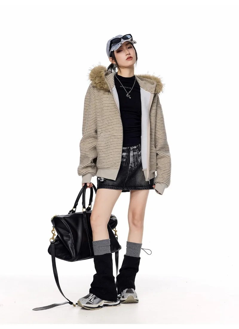 Women's Retro Striped Fur Collar Zipper Hoodie 2026 Autumn Winter Korean Fashion Casual Loose Hooded Jacket Coat Y2k Streetwear