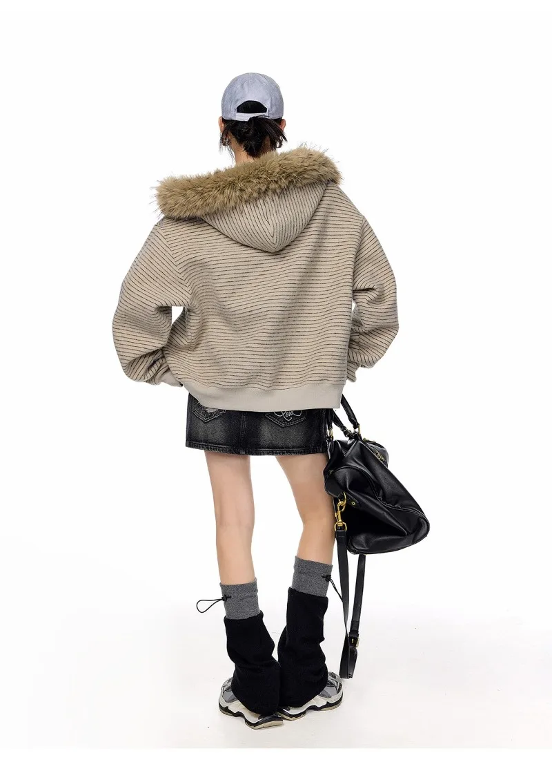 Women's Retro Striped Fur Collar Zipper Hoodie 2026 Autumn Winter Korean Fashion Casual Loose Hooded Jacket Coat Y2k Streetwear