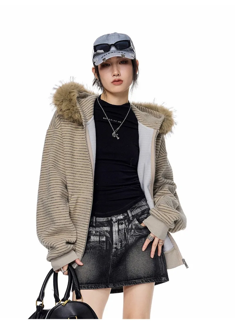 Women's Retro Striped Fur Collar Zipper Hoodie 2026 Autumn Winter Korean Fashion Casual Loose Hooded Jacket Coat Y2k Streetwear