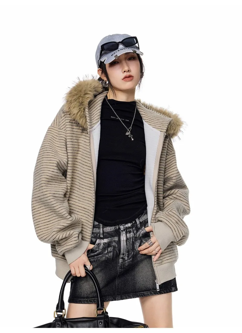 Women's Retro Striped Fur Collar Zipper Hoodie 2026 Autumn Winter Korean Fashion Casual Loose Hooded Jacket Coat Y2k Streetwear