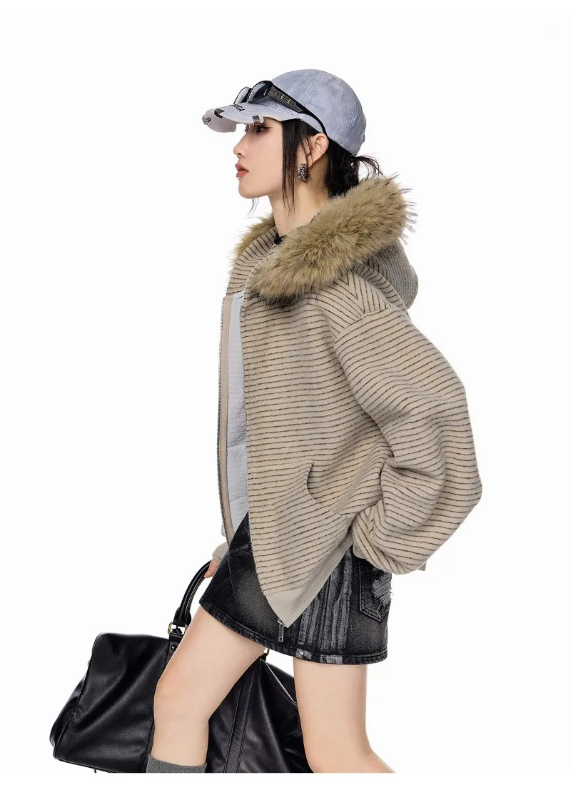 Women's Retro Striped Fur Collar Zipper Hoodie 2026 Autumn Winter Korean Fashion Casual Loose Hooded Jacket Coat Y2k Streetwear