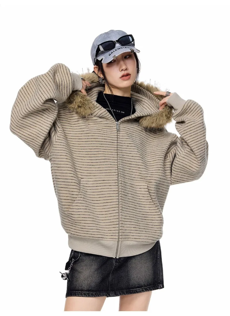 Women's Retro Striped Fur Collar Zipper Hoodie 2026 Autumn Winter Korean Fashion Casual Loose Hooded Jacket Coat Y2k Streetwear