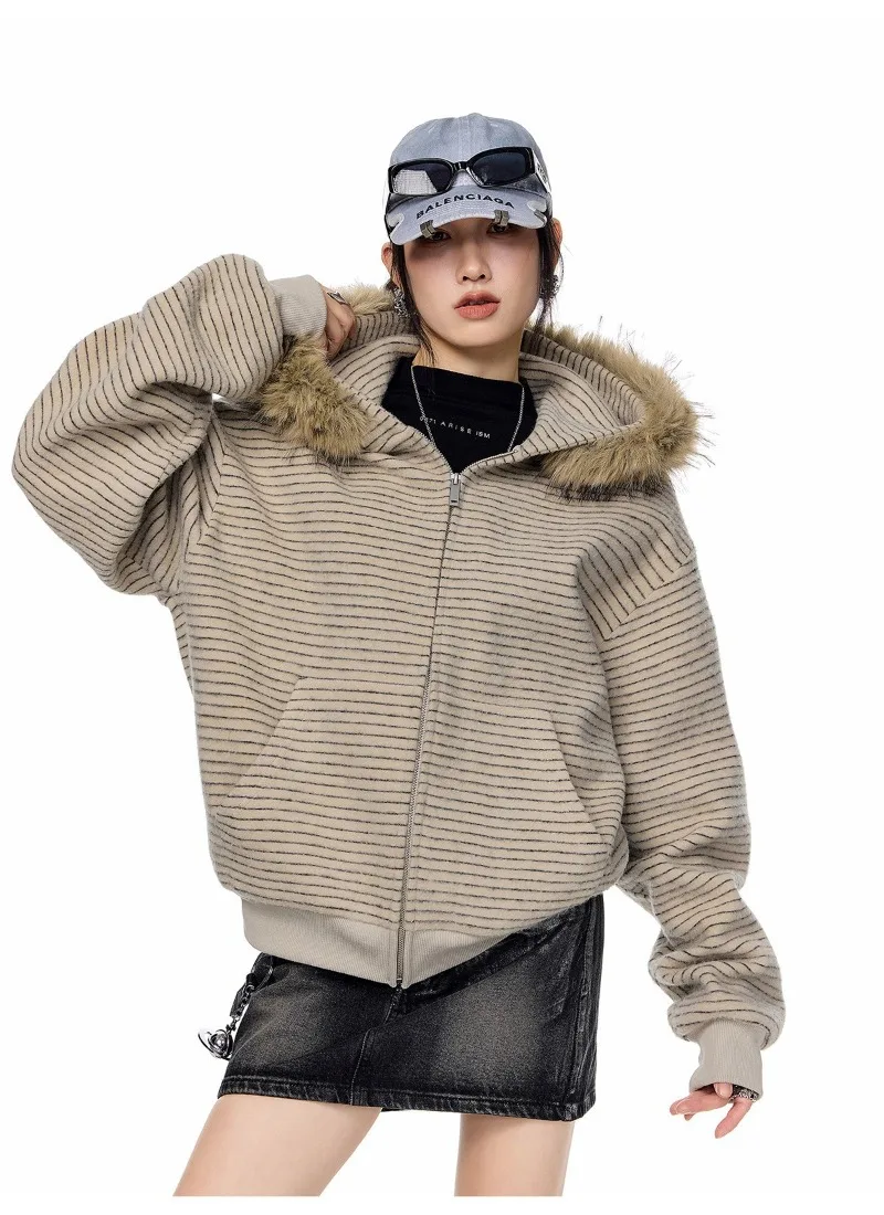 Women's Retro Striped Fur Collar Zipper Hoodie 2026 Autumn Winter Korean Fashion Casual Loose Hooded Jacket Coat Y2k Streetwear