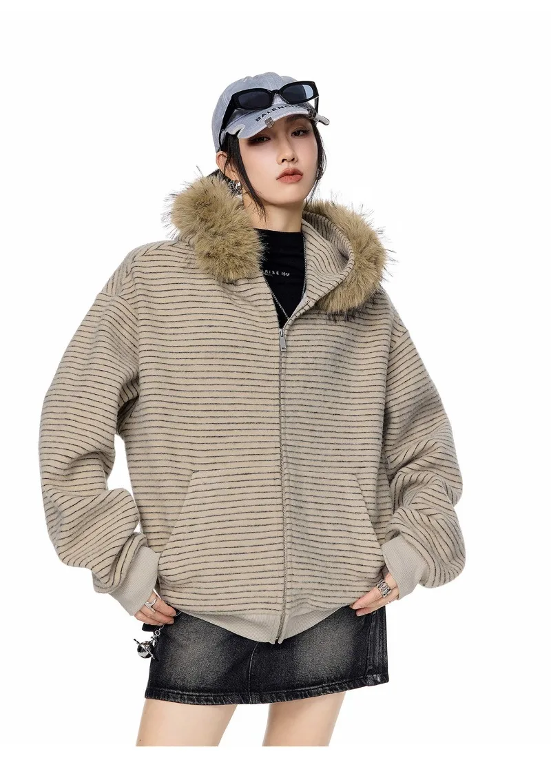 Women's Retro Striped Fur Collar Zipper Hoodie 2026 Autumn Winter Korean Fashion Casual Loose Hooded Jacket Coat Y2k Streetwear