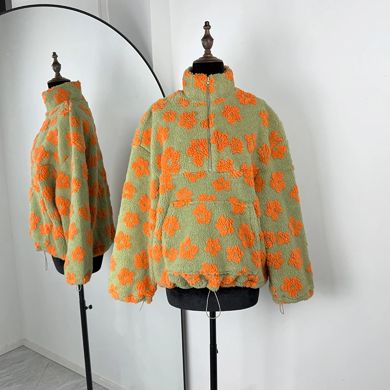 TARUXY Fashion Floral Faux Lambswool Sweatshirt Women's Casual Zipper Pocket Loose Pullover Sweatshirt Autumn Festive Clothing