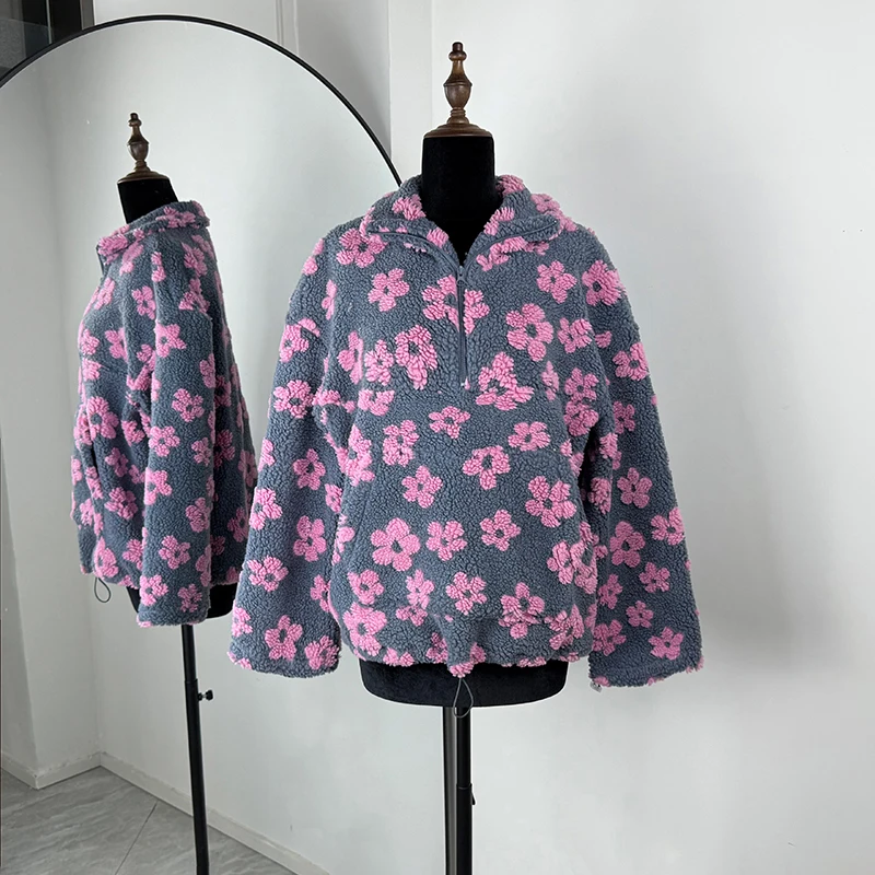 TARUXY Fashion Floral Faux Lambswool Sweatshirt Women's Casual Zipper Pocket Loose Pullover Sweatshirt Autumn Festive Clothing