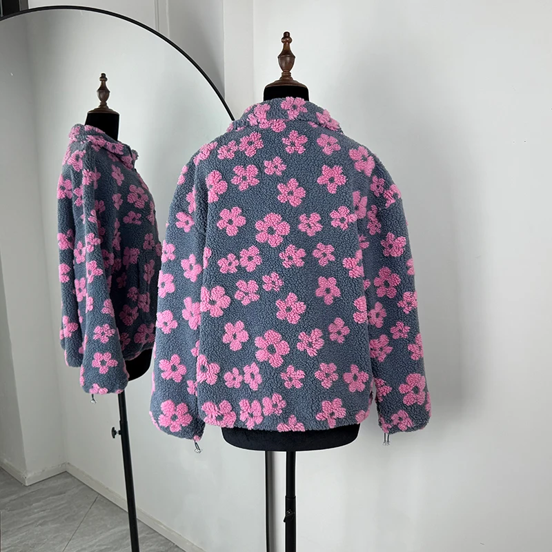 TARUXY Fashion Floral Faux Lambswool Sweatshirt Women's Casual Zipper Pocket Loose Pullover Sweatshirt Autumn Festive Clothing