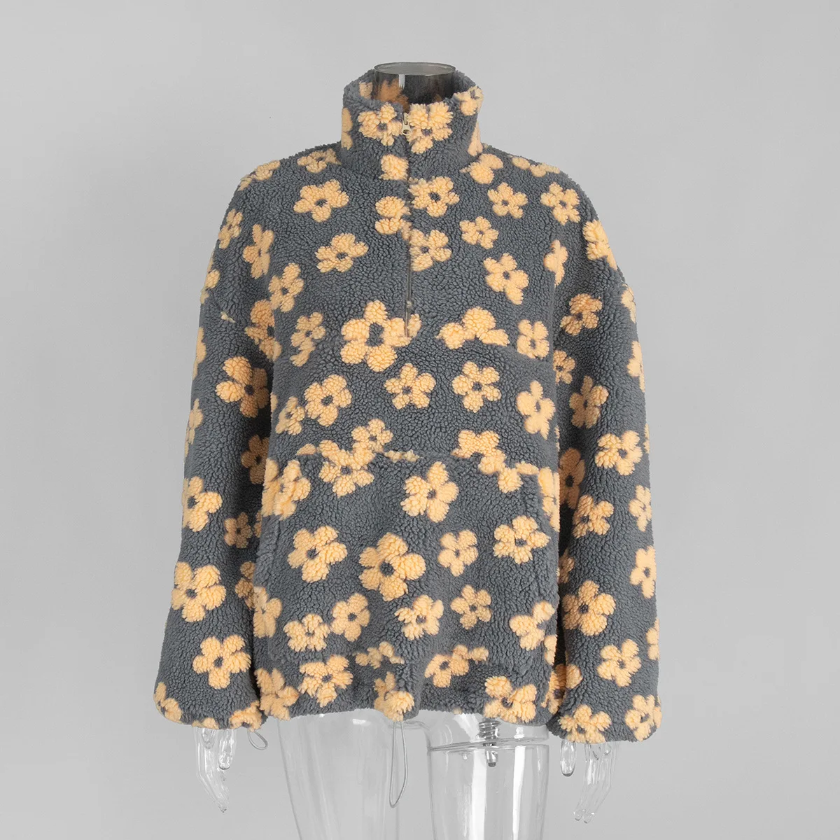 TARUXY Fashion Floral Faux Lambswool Sweatshirt Women's Casual Zipper Pocket Loose Pullover Sweatshirt Autumn Festive Clothing