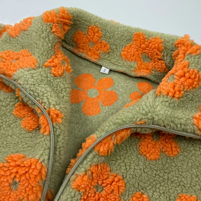 TARUXY Fashion Floral Faux Lambswool Sweatshirt Women's Casual Zipper Pocket Loose Pullover Sweatshirt Autumn Festive Clothing