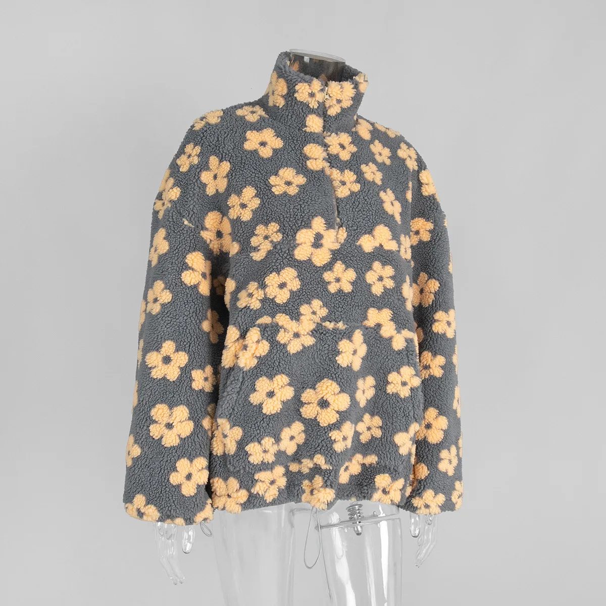 TARUXY Fashion Floral Faux Lambswool Sweatshirt Women's Casual Zipper Pocket Loose Pullover Sweatshirt Autumn Festive Clothing