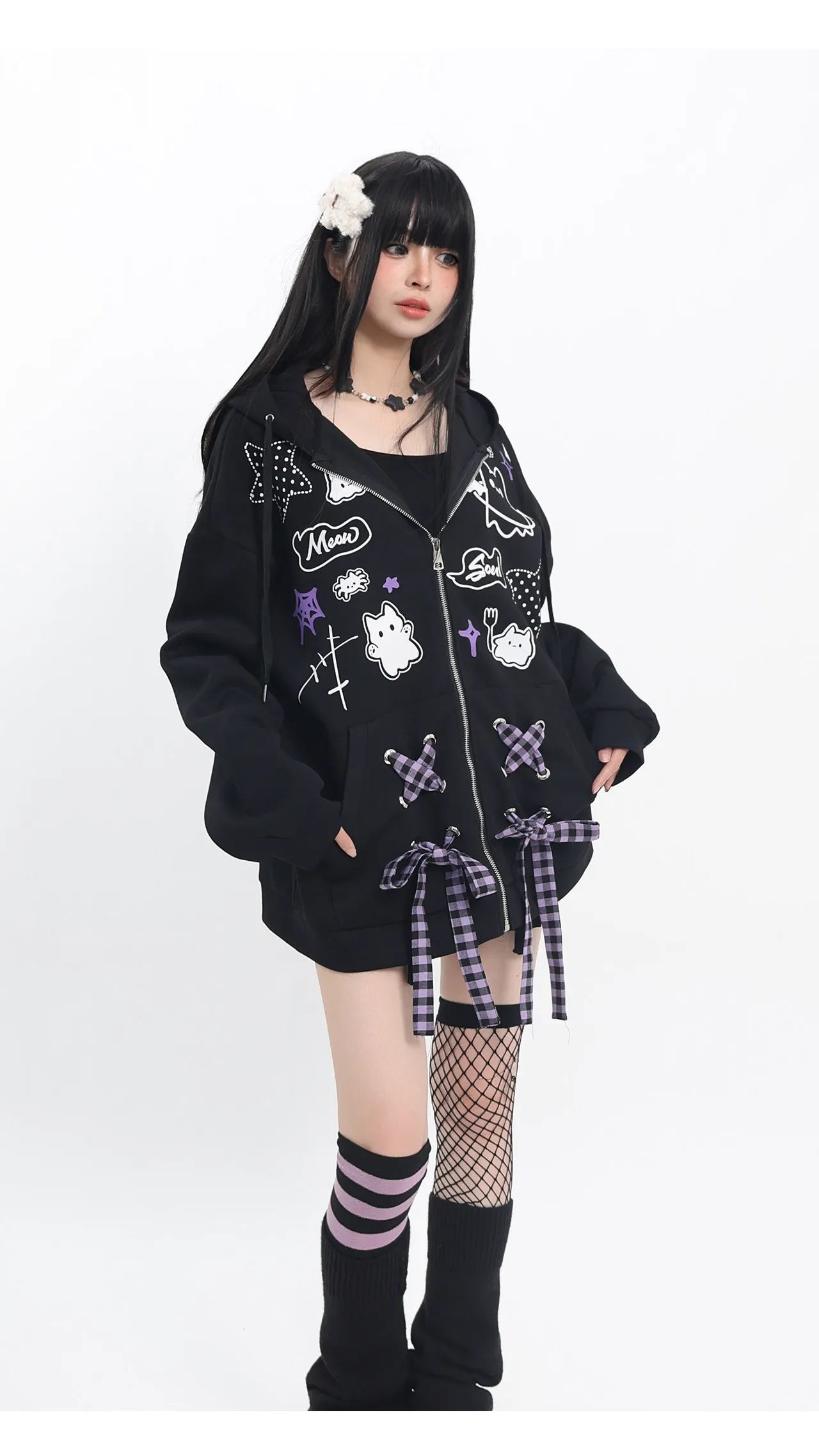 Subculture Bow Splicing Cartoon Print Cat Ears Hoodies Women Autumn Winter Sweet Cool Y2k Hot Girl Gothic Splicing Color Hoodies