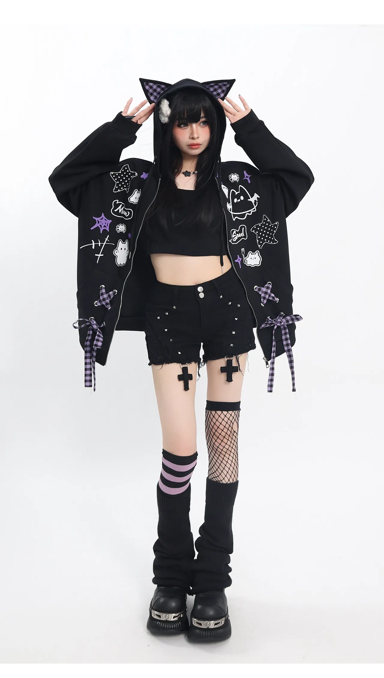 Subculture Bow Splicing Cartoon Print Cat Ears Hoodies Women Autumn Winter Sweet Cool Y2k Hot Girl Gothic Splicing Color Hoodies