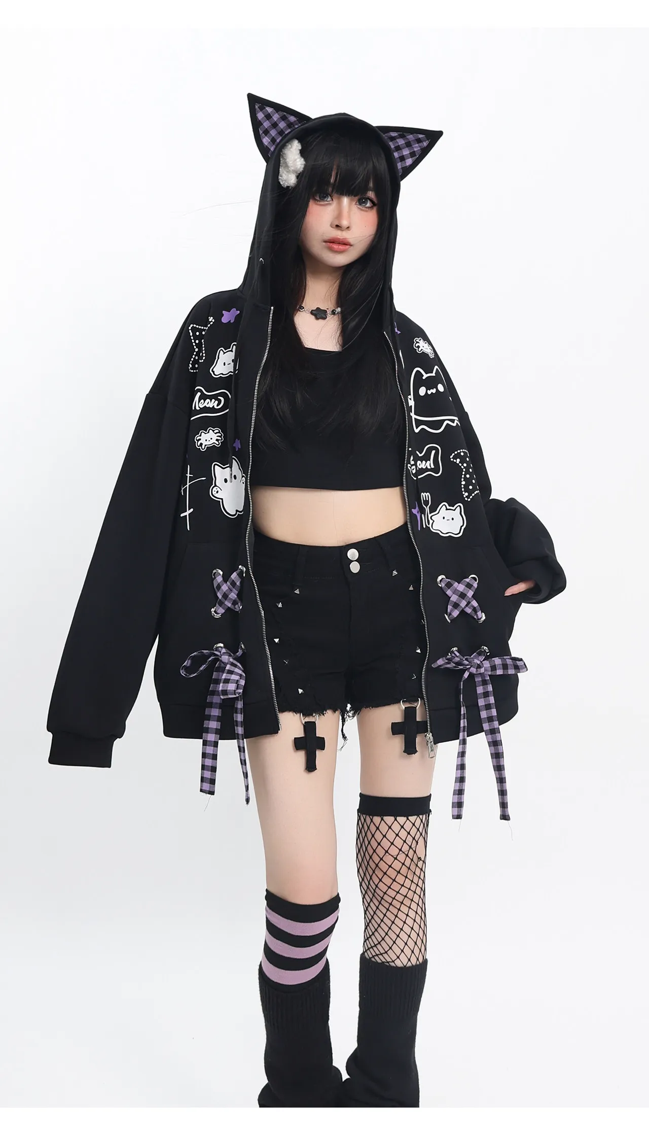 Subculture Bow Splicing Cartoon Print Cat Ears Hoodies Women Autumn Winter Sweet Cool Y2k Hot Girl Gothic Splicing Color Hoodies