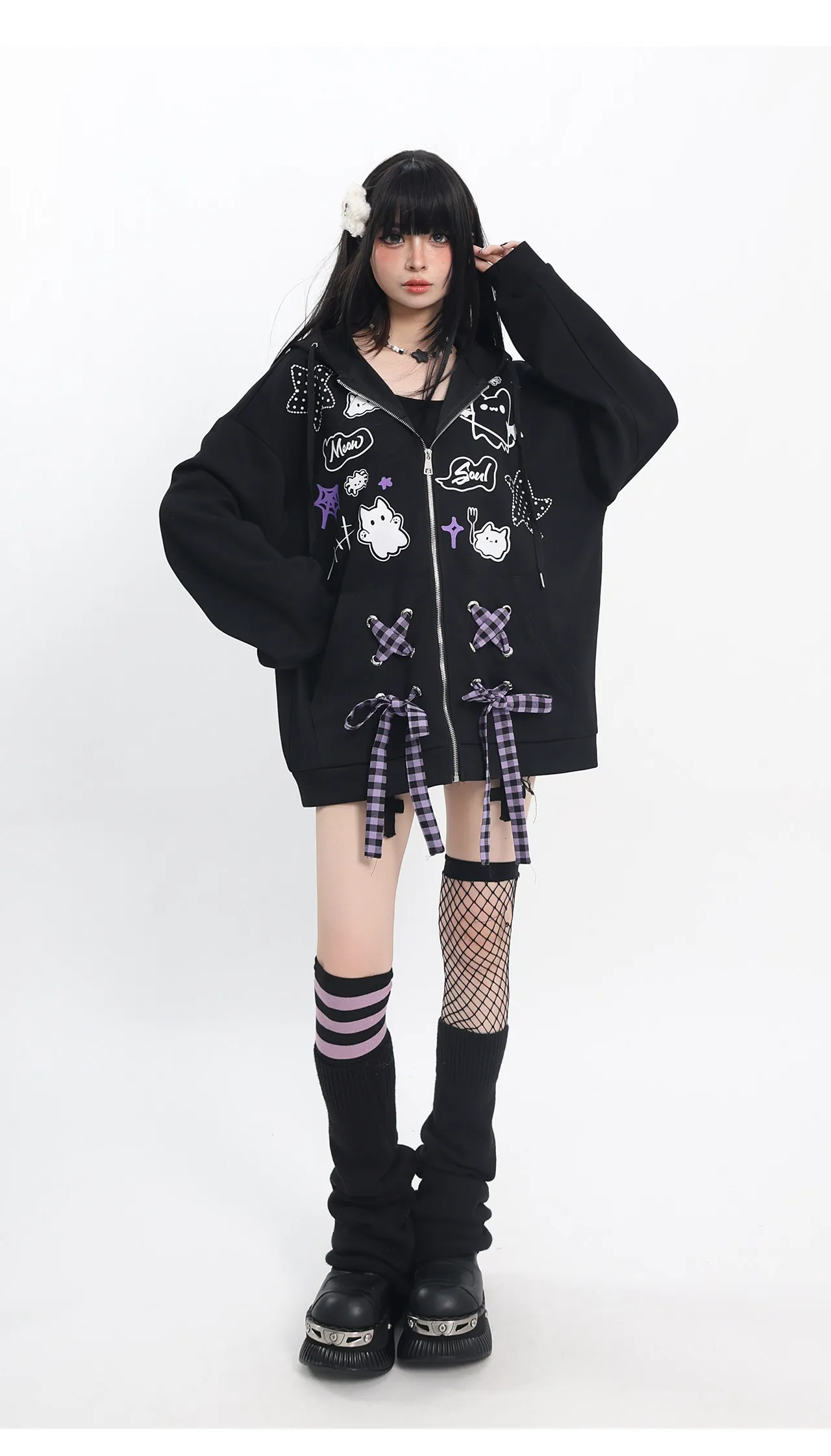 Subculture Bow Splicing Cartoon Print Cat Ears Hoodies Women Autumn Winter Sweet Cool Y2k Hot Girl Gothic Splicing Color Hoodies