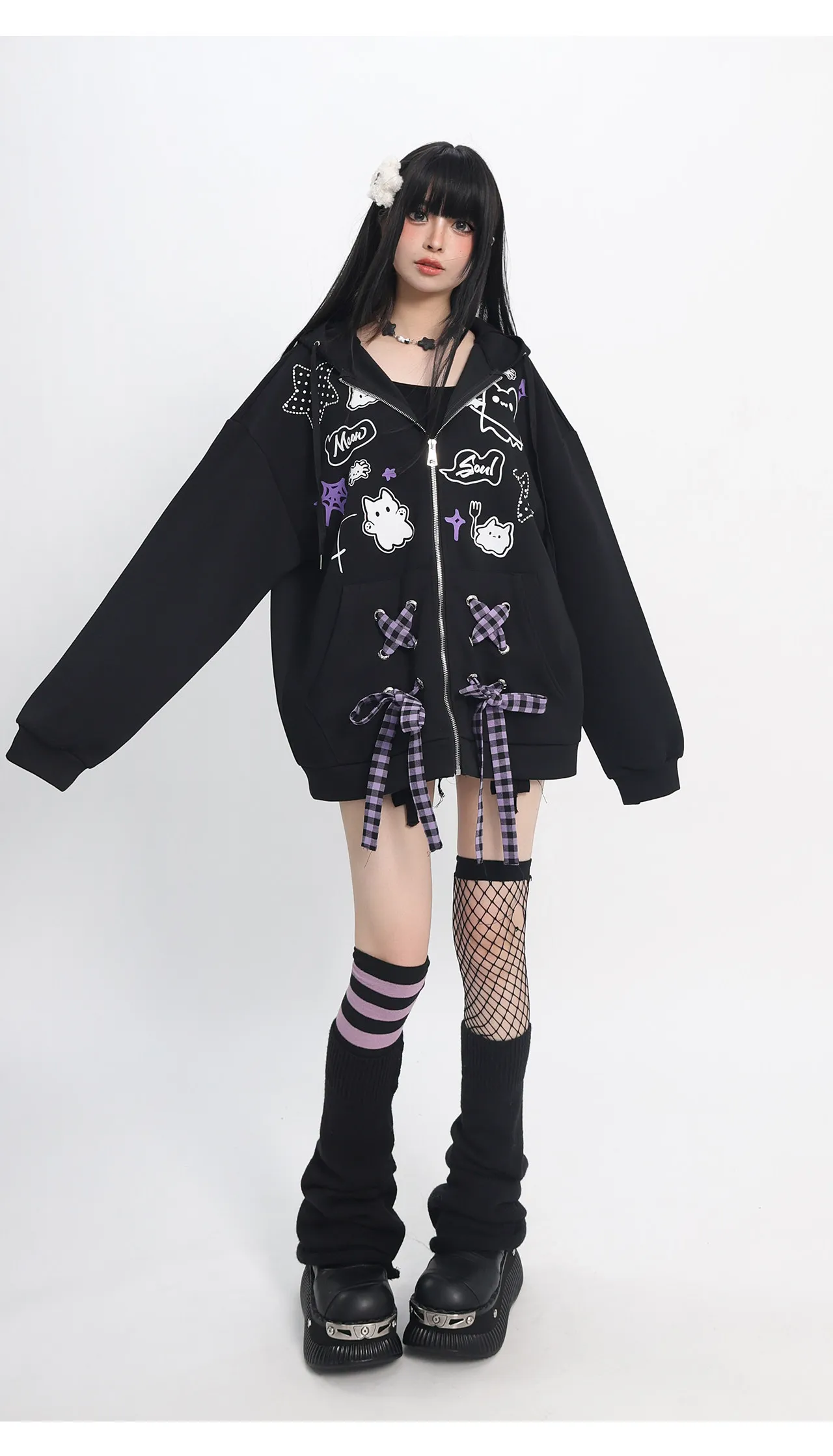 Subculture Bow Splicing Cartoon Print Cat Ears Hoodies Women Autumn Winter Sweet Cool Y2k Hot Girl Gothic Splicing Color Hoodies