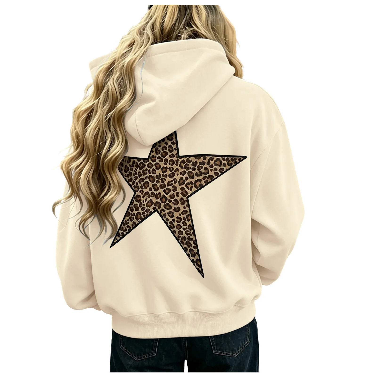 Women Oversize Hoodies With Back Star Leopard Printed Long Sleeve Hooded Sweatshirts Autumn Winter Streetwear Casual Pullover