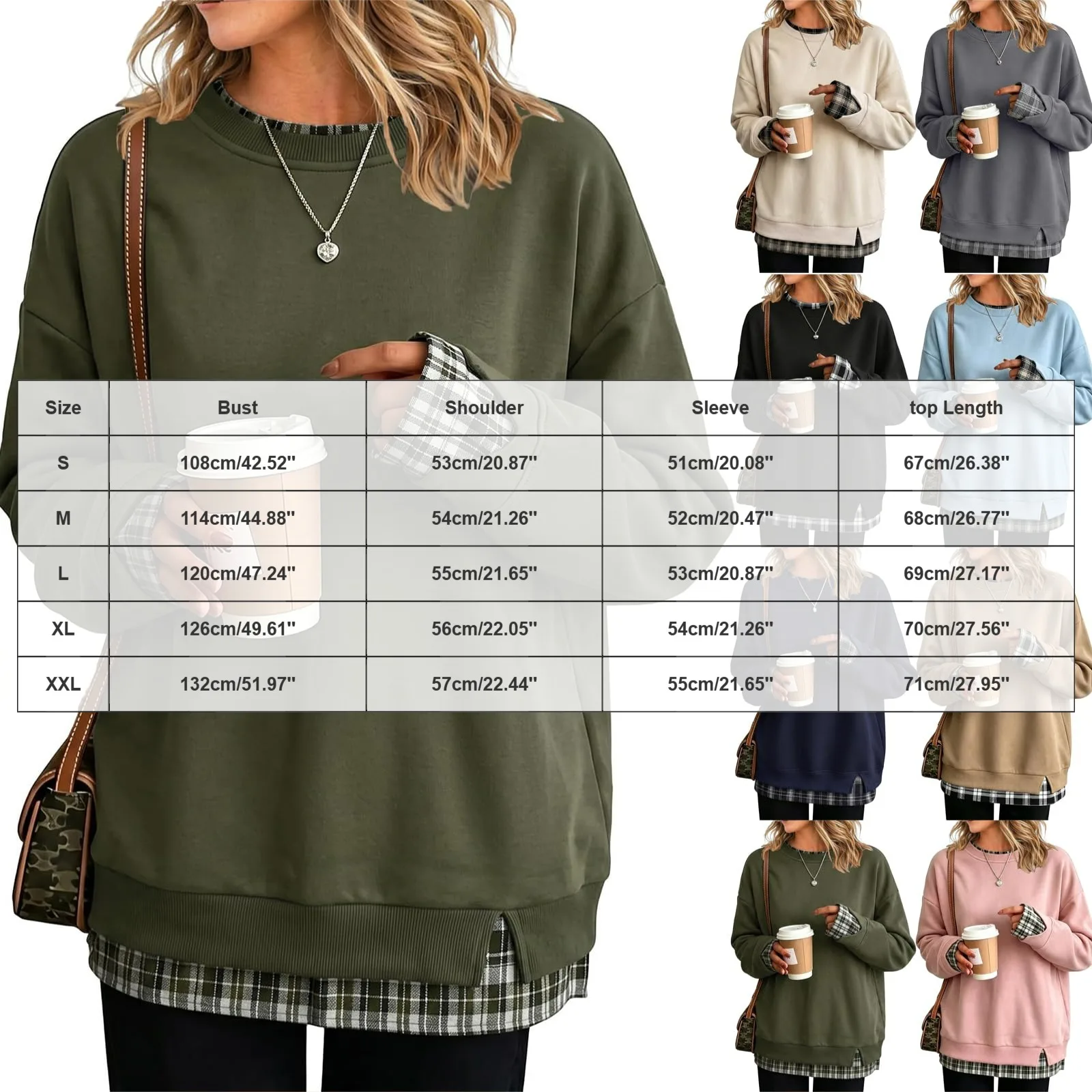 Oversize Sweatshirts Women With Plaid Hem Long Sleeve Round Neck Sweatshirts Fake Two-Piece Fashion Casual Pullover Tops