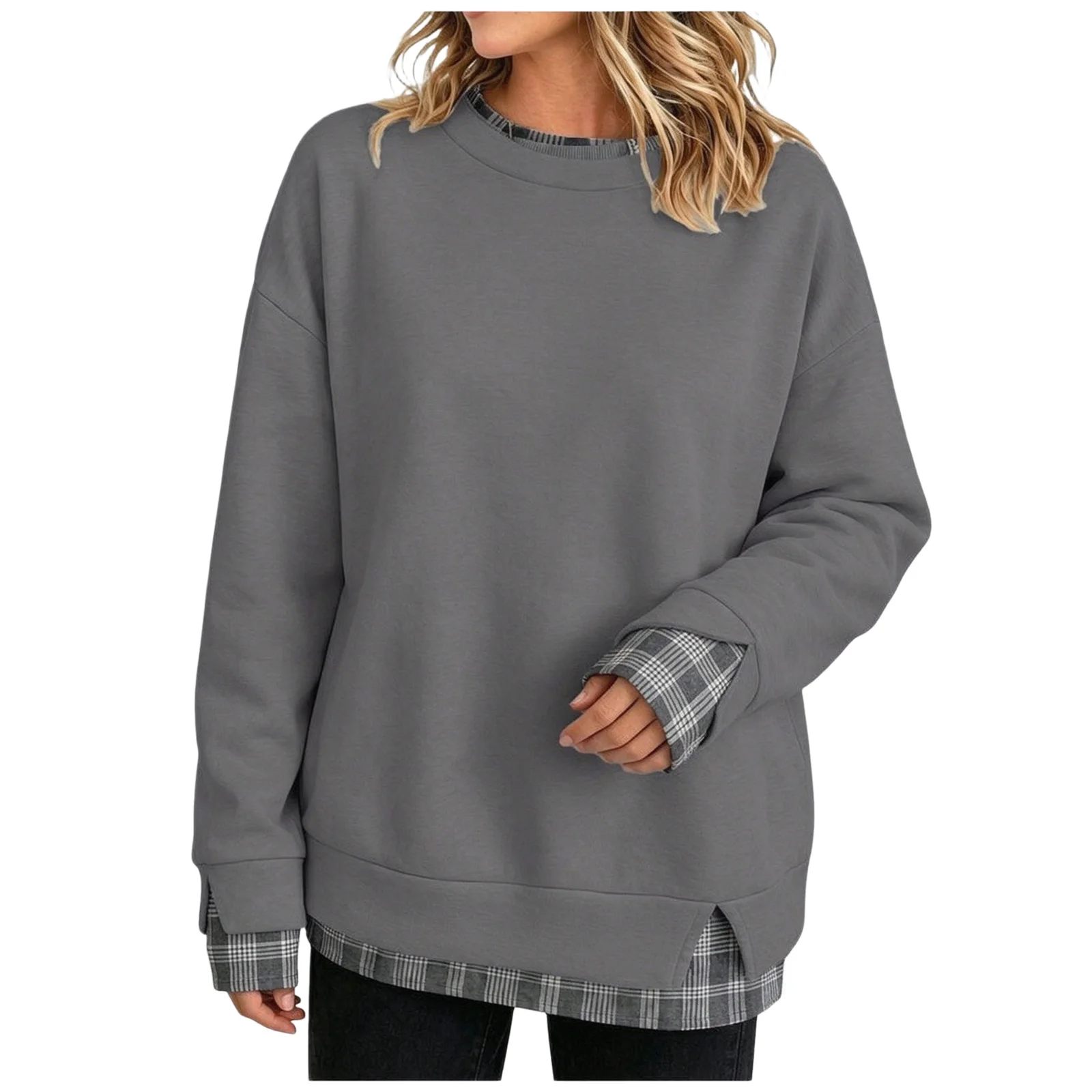 Oversize Sweatshirts Women With Plaid Hem Long Sleeve Round Neck Sweatshirts Fake Two-Piece Fashion Casual Pullover Tops