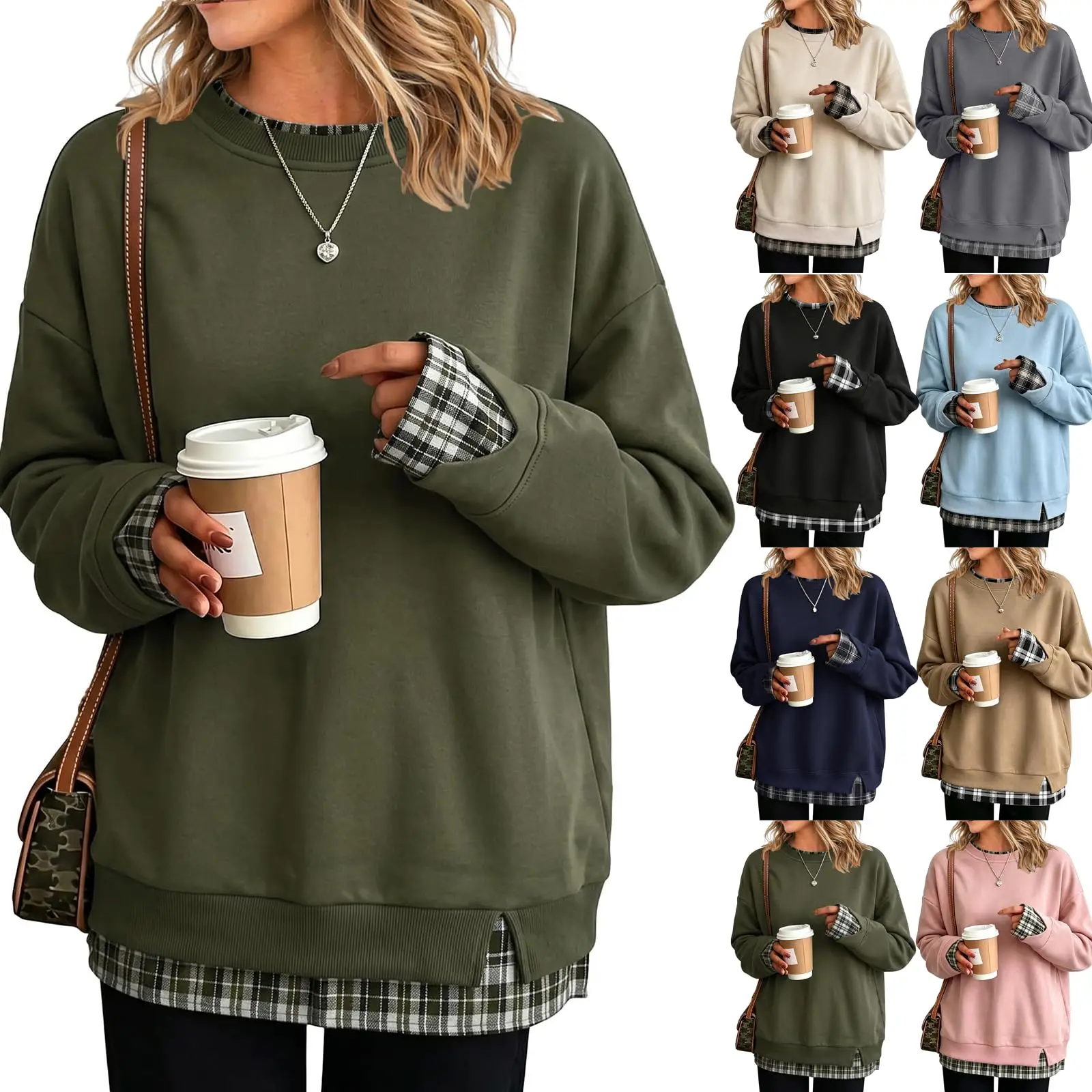 Oversize Sweatshirts Women With Plaid Hem Long Sleeve Round Neck Sweatshirts Fake Two-Piece Fashion Casual Pullover Tops
