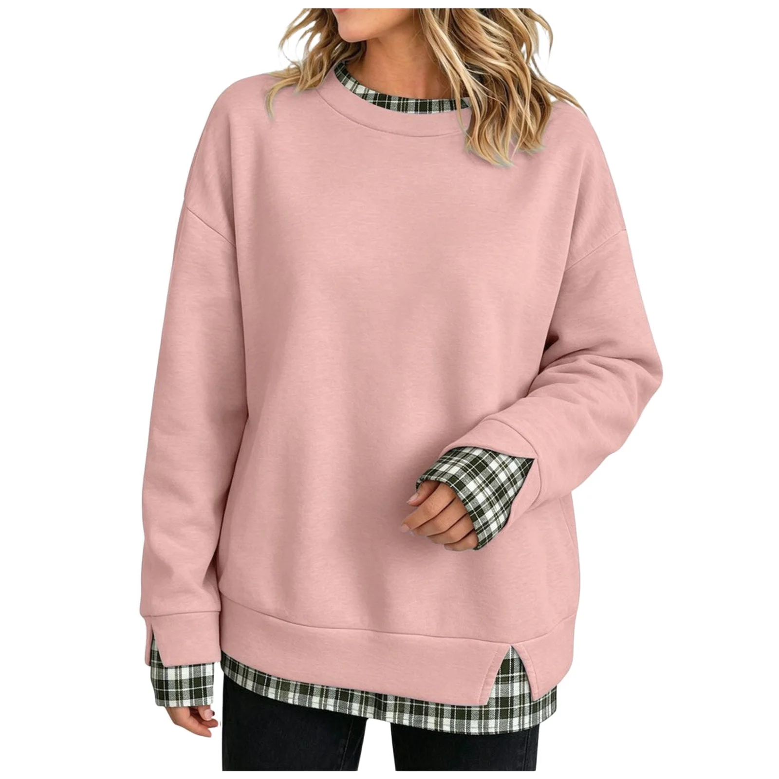 Oversize Sweatshirts Women With Plaid Hem Long Sleeve Round Neck Sweatshirts Fake Two-Piece Fashion Casual Pullover Tops