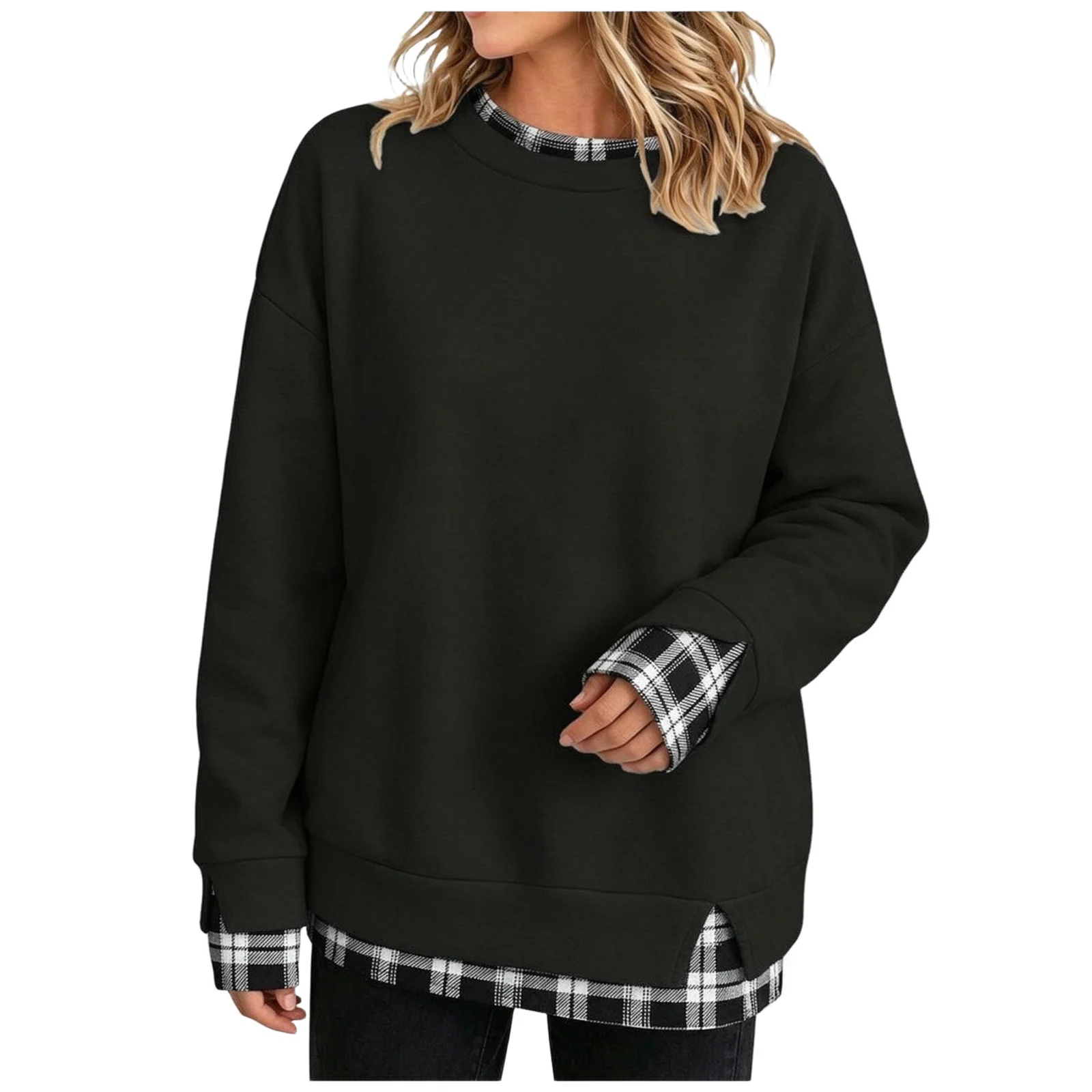 Oversize Sweatshirts Women With Plaid Hem Long Sleeve Round Neck Sweatshirts Fake Two-Piece Fashion Casual Pullover Tops