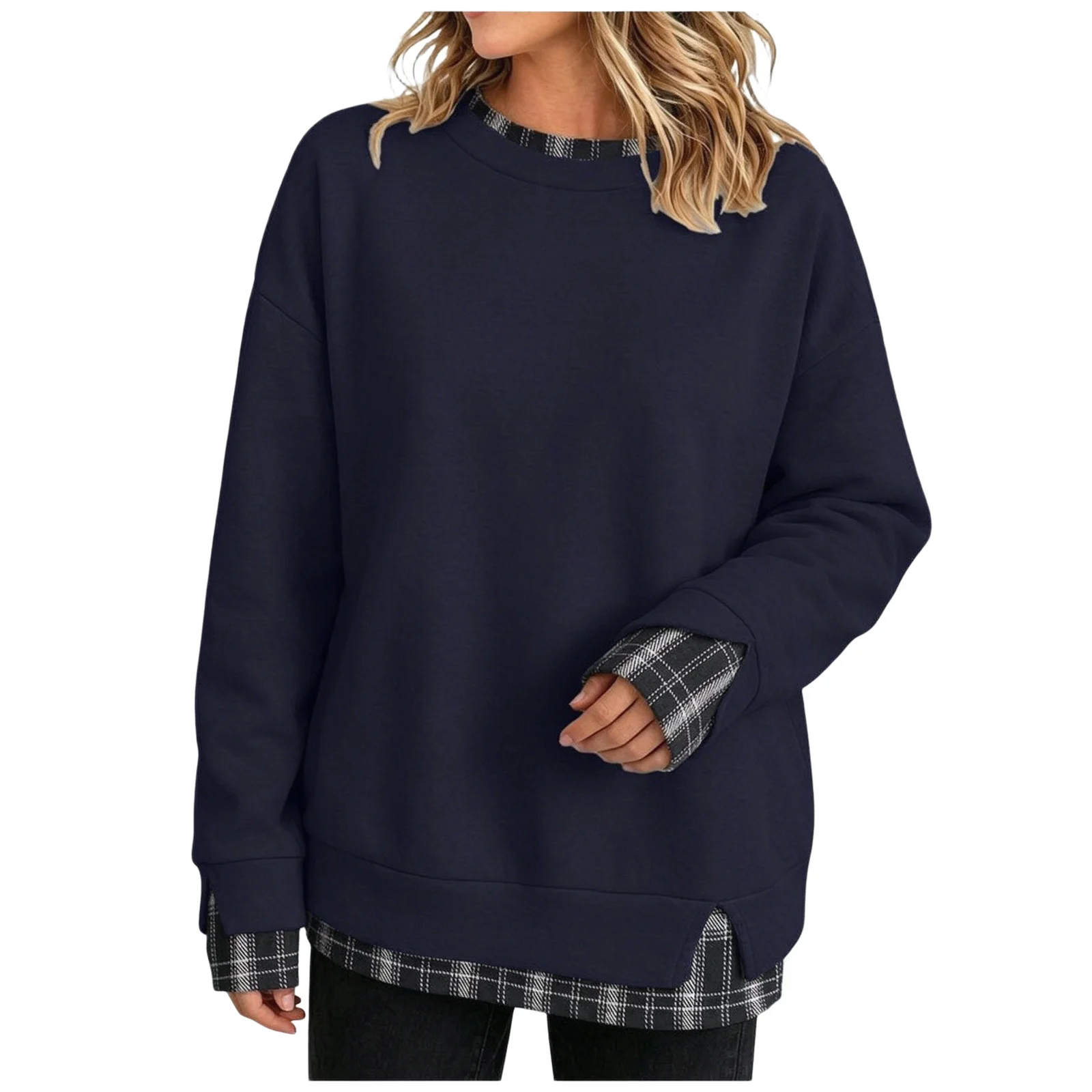 Oversize Sweatshirts Women With Plaid Hem Long Sleeve Round Neck Sweatshirts Fake Two-Piece Fashion Casual Pullover Tops